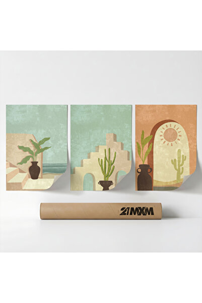 21mxm Set 3 Postere Decorative Boho „Soare-Lună-Celestial 11”, Material Texti...