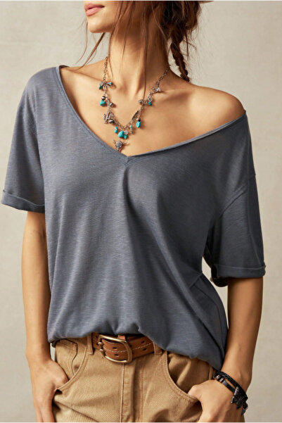 Tarz Cool Women's Anthracite Oversize-Casual V-Neck Basic T-Shirt