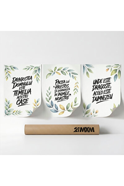 21mxm Set 3 Postere Decorative 'Binecuvantare Pentru Casa 13', Material Texti...