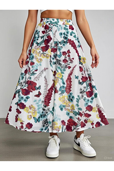 Kutaf Women's Floral Patterned Midi Skirt – High Waist Flared Summer Casual S...