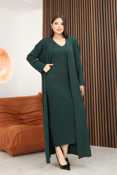 ALCHON V-Neck Thin Straps Ribbed Ankle-Length Dress U Shawl Collar Long Sleeve Ankle-Length Cardigan Knitwear Two-Piece Set