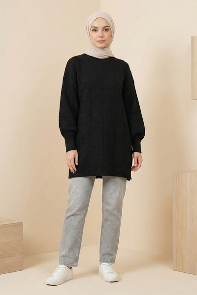 FERHEL Women's Square Patterned Soft Knitwear Tunic Sweater - Black