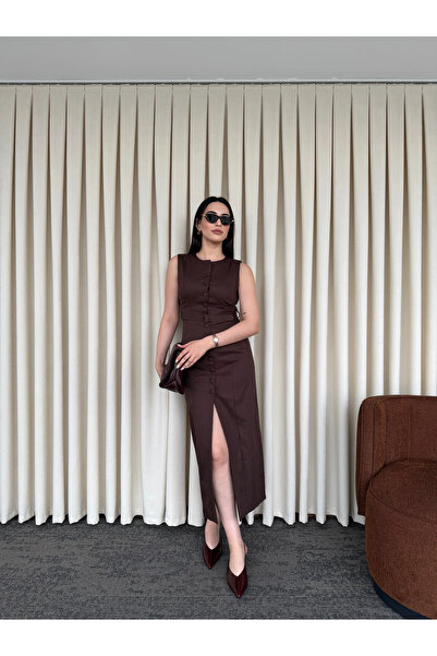 Laluvia Brown Buttoned Belted Gabardine Dress - 5002