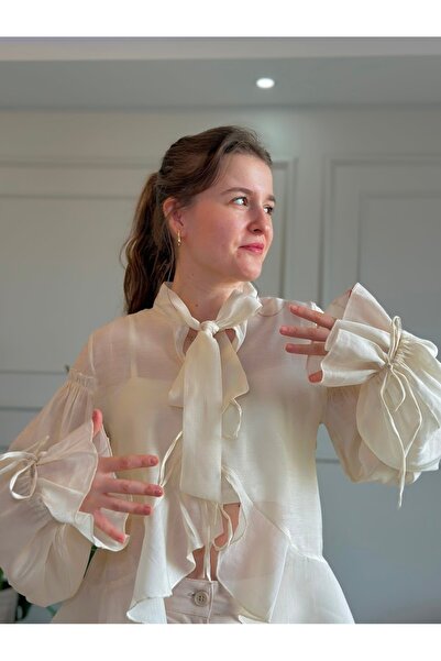 LUUN Ekru Renk Fırfırlı Tül Gömlek