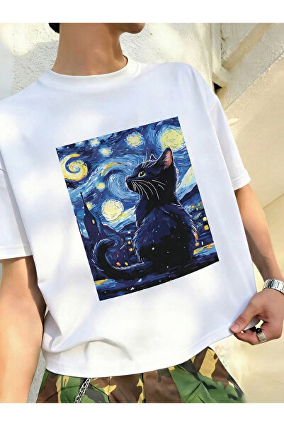 Velostra Tricou unisex din bumbac pieptănat, cu imprimeu Starry Night Cat, co...