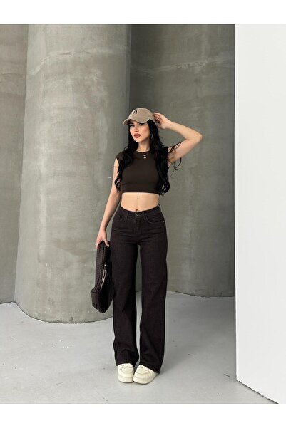 AREF JEANS Women's Palazzo High Waist Straight Fit Dark Brown Jean Trousers