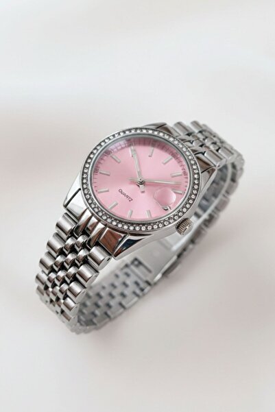 Pukka Accessories Kadın Silver Çelik Pembe Kadranlı Taşlı Quartz Kol Saati – ...