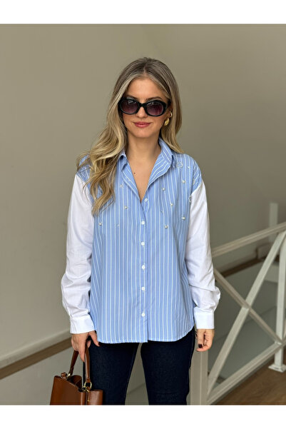 2she قميص مخطط مزين باللؤلؤ والأحجار