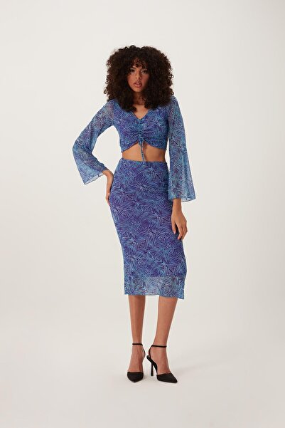 QUHOX Women's Mesh Fabric Top and Bottom Set Blue