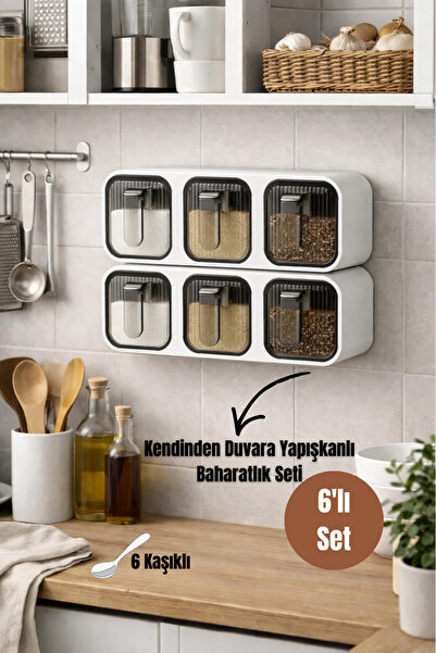 Dory 6'Lı Kendinden Duvara Yapışkanlı Kaşıklı Baharatlık Takımı - Kapaklı Bah...