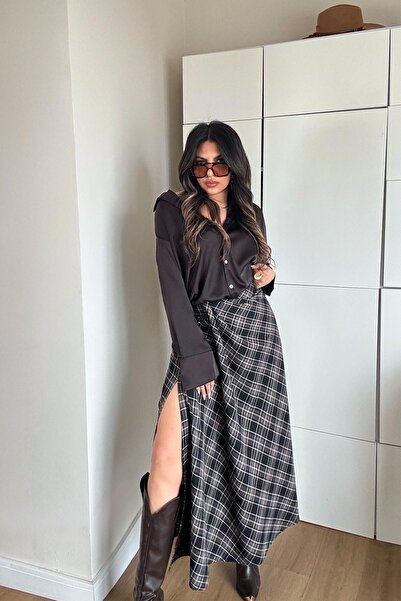 Sohotique By P Massi Drapeli Slit Plaid Skirt Black-Brown
