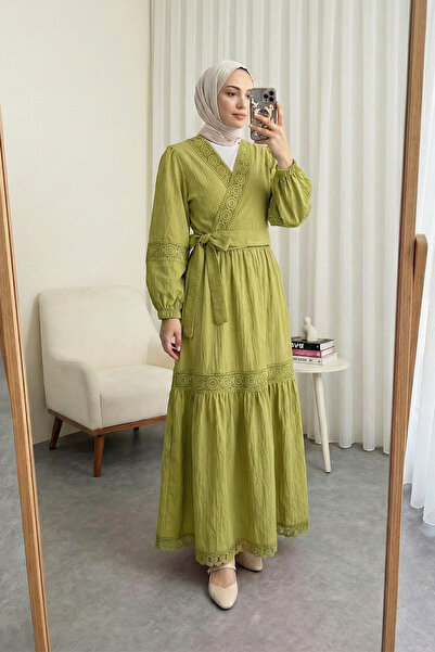 MODAQU Lace Detailed Crochet Blouse Skirt Set - Olive Green