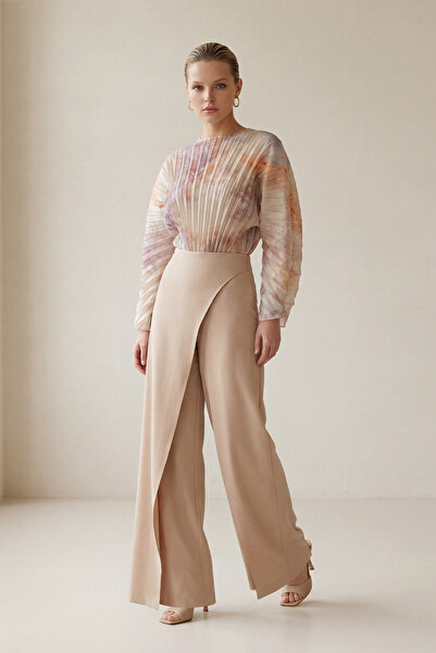 Setre Beige Pleated Top Detail, Wide Leg Jumpsuit
