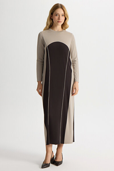 MISS DALIDA Renk Bloklu Yuvarlak Yaka Triko Elbise Kahverengi Pudra