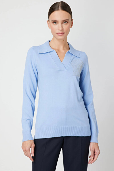 On Fashion Women's Shoulder Leaf Chain Light Blue Sweater 65334