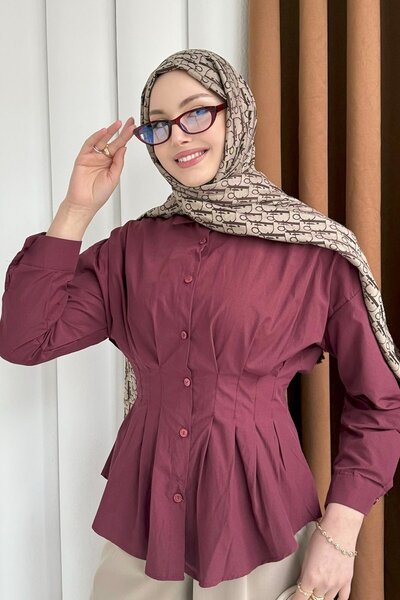 Modaensarbutik Belden Oturtmalı Pileli Gömlek-BORDO