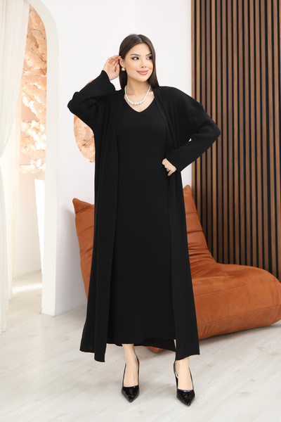 ALCHON V-Neck Thin Straps Ribbed Ankle-Length Dress U Shawl Collar Long Sleev...