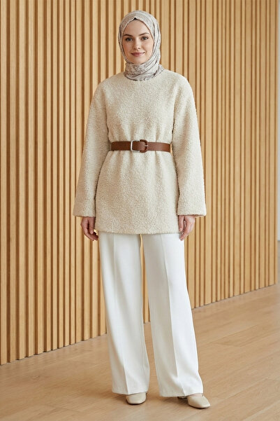 FERHEL Belted Boucle Yarn Knit Sweater - Ecru
