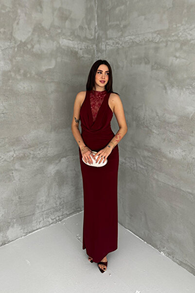 mielva Women's Burgundy Lace Detailed Draped Backless Long Evening Dress