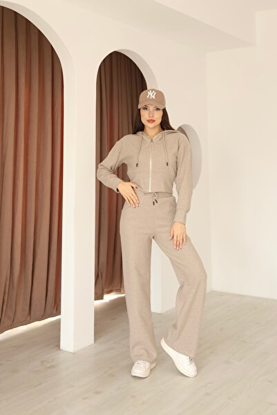İgnites Beige Cardigan Elastic Waist Trousers Double Thessaloniki Set