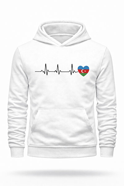 metsawear Azerbaijan Heart Ecg Printed White Hooded Sweatshirt Slim Fit Premi...