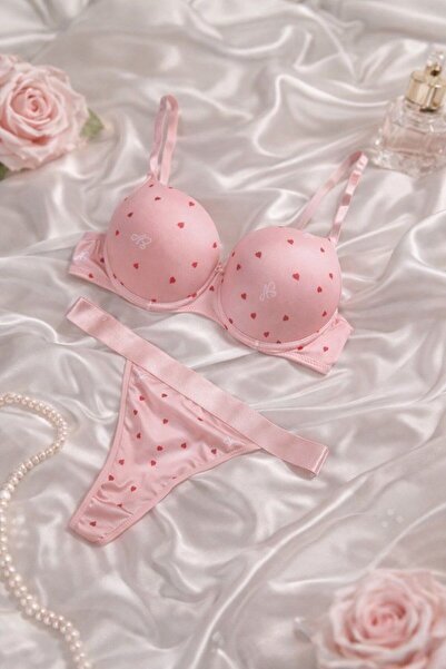 SORORA Sevimli Kalp desenli Pembe destekli sütyen takım