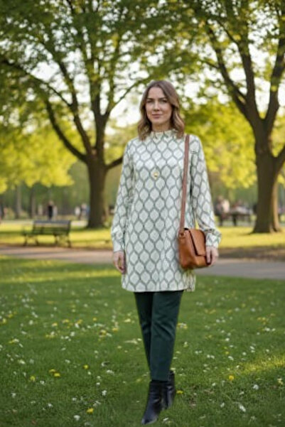 SHE BEST Ecru High Neck Slit Viscose Geometric Patterned Side Gathered Tunic