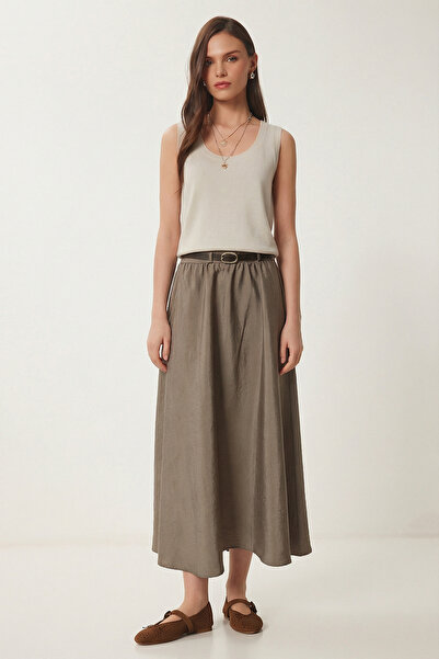 Lovelyİstanbul Fusta midi tip parașută cu buzunare și curea LCR0113 VİZON