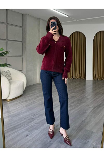 Coral 7601 Gömlek Yaka Peluş Hırka Bordo