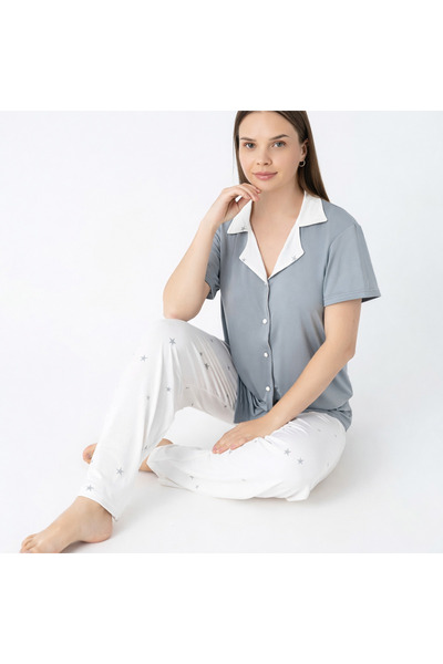 Wega Moda Women's Gray Star Patterned 100% Cotton Shirt Collar Short Sleeve L...