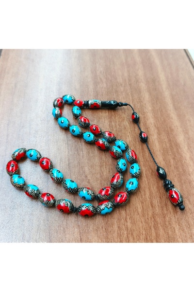 İnan Tesbih Silver and Enamel Inlaid Large Size Arpa Cut Kuka Prayer Beads
