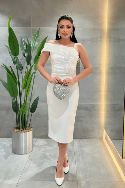 giyimmasalı Double Fabric Organza Pencil Dress with Floral Detail - White