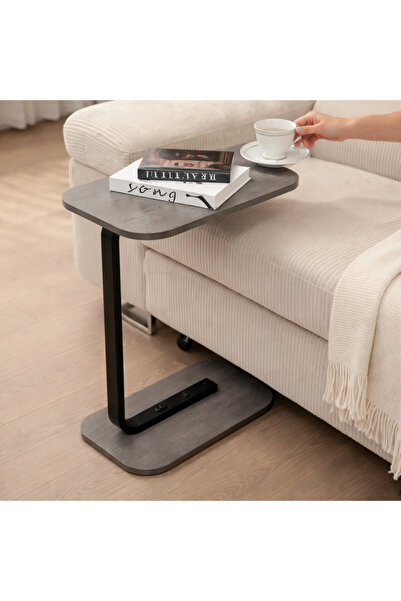 terndat Service table with a wooden top and base, and a thick black iron column.