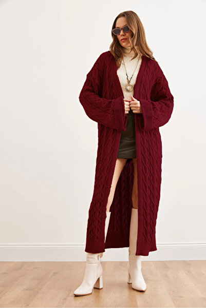 Olalook Women's Burgundy Hair Braid Cuff Folded Maxi Knitwear Cardigan Hrk-19...