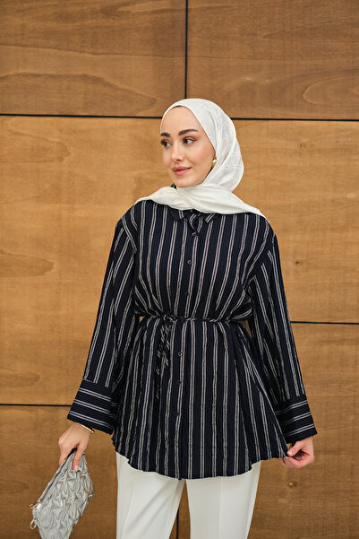 LOCCO Women's Thick Striped Patterned Waist-Tie Chiffon Shirt Navy Blue