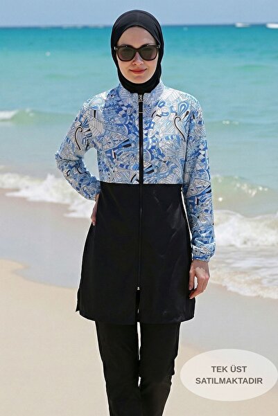 armonika Patterned Top, High Collar, Front Zipper, Elastic, Quick Drying, Bur...