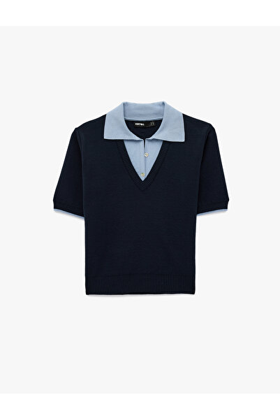 Koton Kısa Kollu Düğmeli Renk Kontrastlı Kombine Polo Yaka Triko Kazak