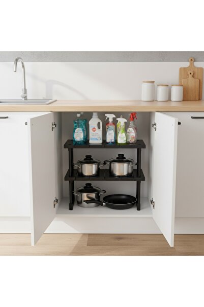 İndecor Houseware Plastik Genişletilebilir Raf Ayarlanabilir Düzenleyici Mutfak Banyo Düzenleyici - Çift Katlı - Siyah