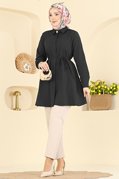 ModaMerve Beli Bağcıklı Terikoton Gömlek 3077KTR750-MS Siyah