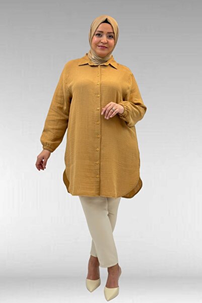 Eslina 58091 Plus Size Muslin Shirt with Elastic Sleeves - Biscuit