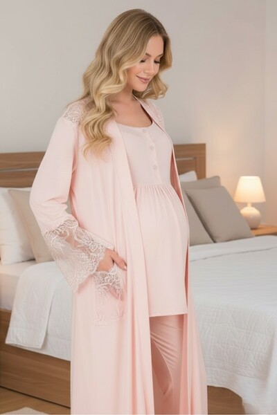 Lohussa New Season Pink Lace Detailed Short Sleeve Summer Maternity Long Dres...