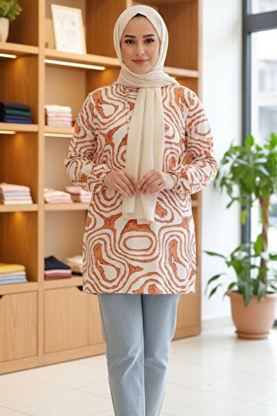 Tesettür Diyarı Γυναικείο Ικάτ D Με σχέδιο Μακρυμάνικο Τουνίκ - Πορτοκαλί