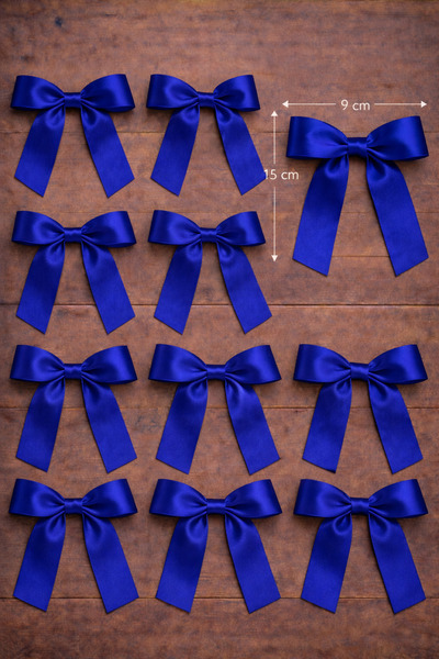 edalle 25 Adet Saks Mavi Hazır Saten Büyük Fiyonk Hazırlanmış Süsleme Kurdele...