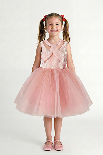She Dress By Kubra Aksoy Kız Çocuk Pudra Pembe Tütü Elbise Çiçek Aplikeli Kat...