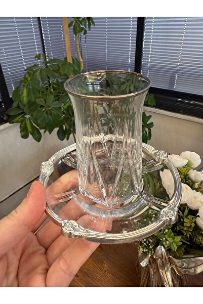 atabey home ZOE PLATİN - GÜMÜŞ GÜL ÇERÇEVELİ ÇAY SETİ 12 PARÇA - 6 TABAK 6 BA...