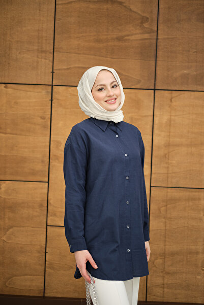 LOCCO Women's Transparent Button Detailed Basic Shirt Navy Blue