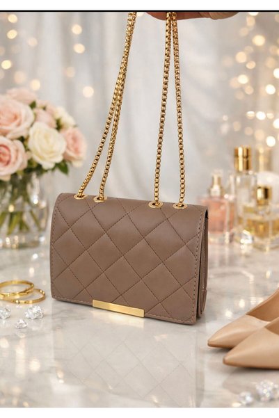 addy Mink Quilted Patterned Gold Chain Strap Shoulder and Hand Bag