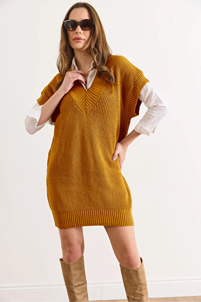 Olalook Women's Mustard V-Neck Knitwear Tunic Dress Elb-19002343