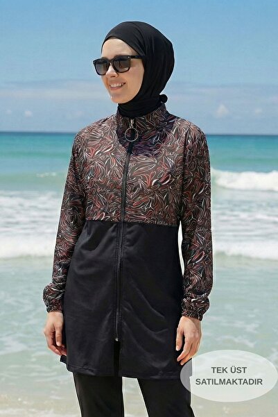 armonika Patterned Top, High Collar, Front Zipper, Elastic, Quick Drying, Bur...