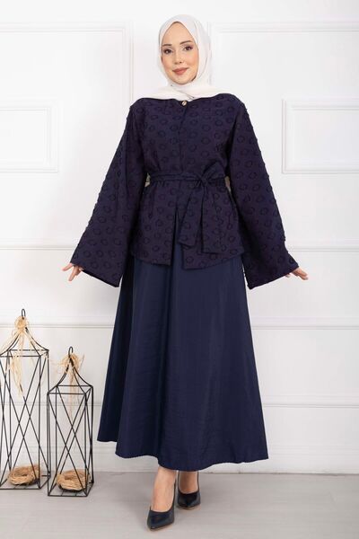 EBRUTESETTÜR Kabartma Dokulu Kuşaklı Etek Takım Lacivert